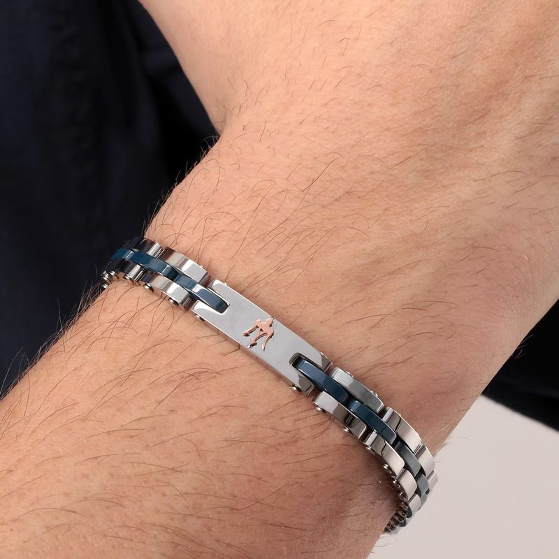 Bracelet homme MASERATI en acier blanc et céramique bleue