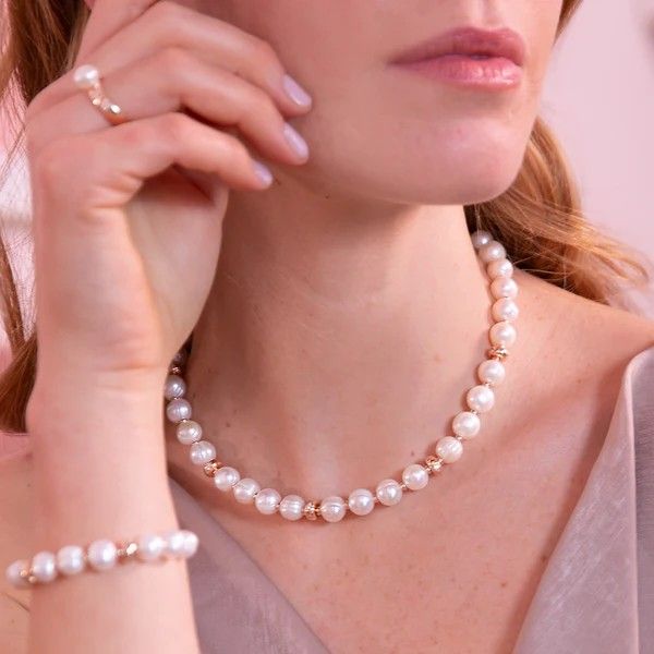 Collier Ras de Cou Rondelle Etoile et Perles d'Eau Douce Blanches Cerclées Ø 8,5/9,5 mm