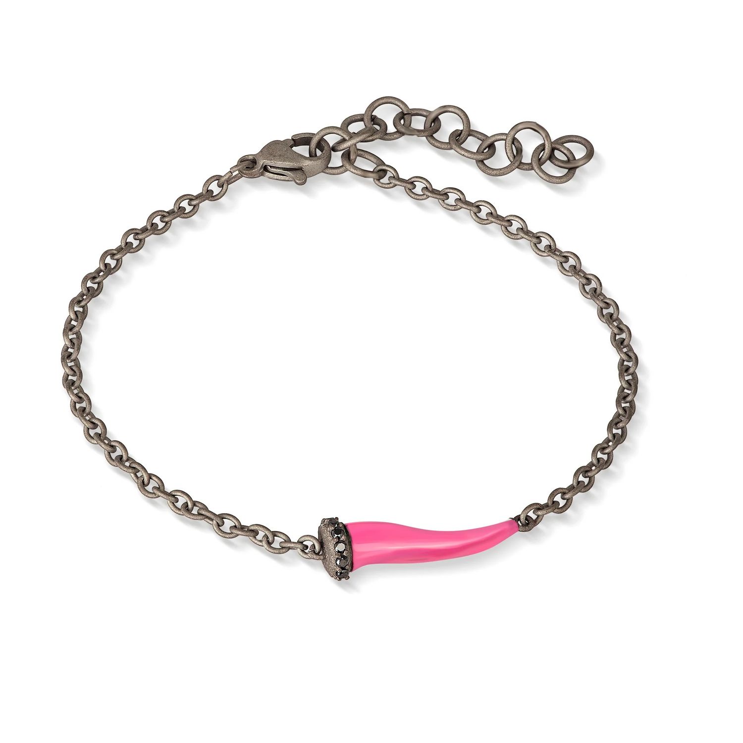 Bracelet à charms avec corne émaillée rose en titane, 5 noirs et chaîne