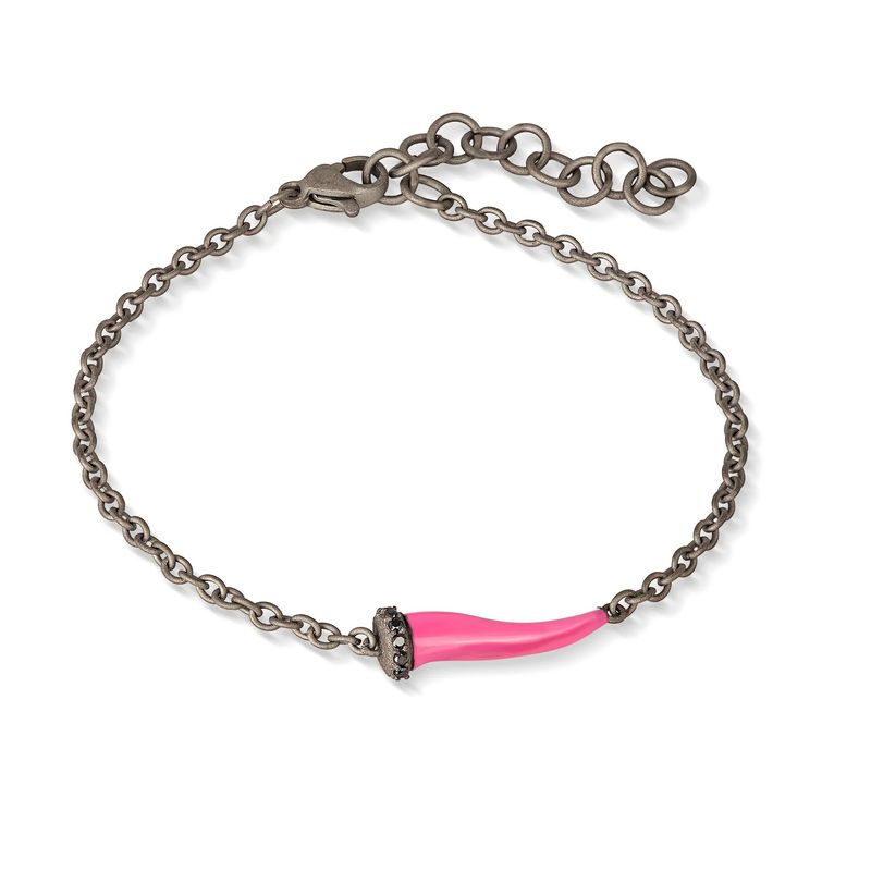 Bracelet à charms avec corne émaillée rose en titane, 5 noirs et chaîne