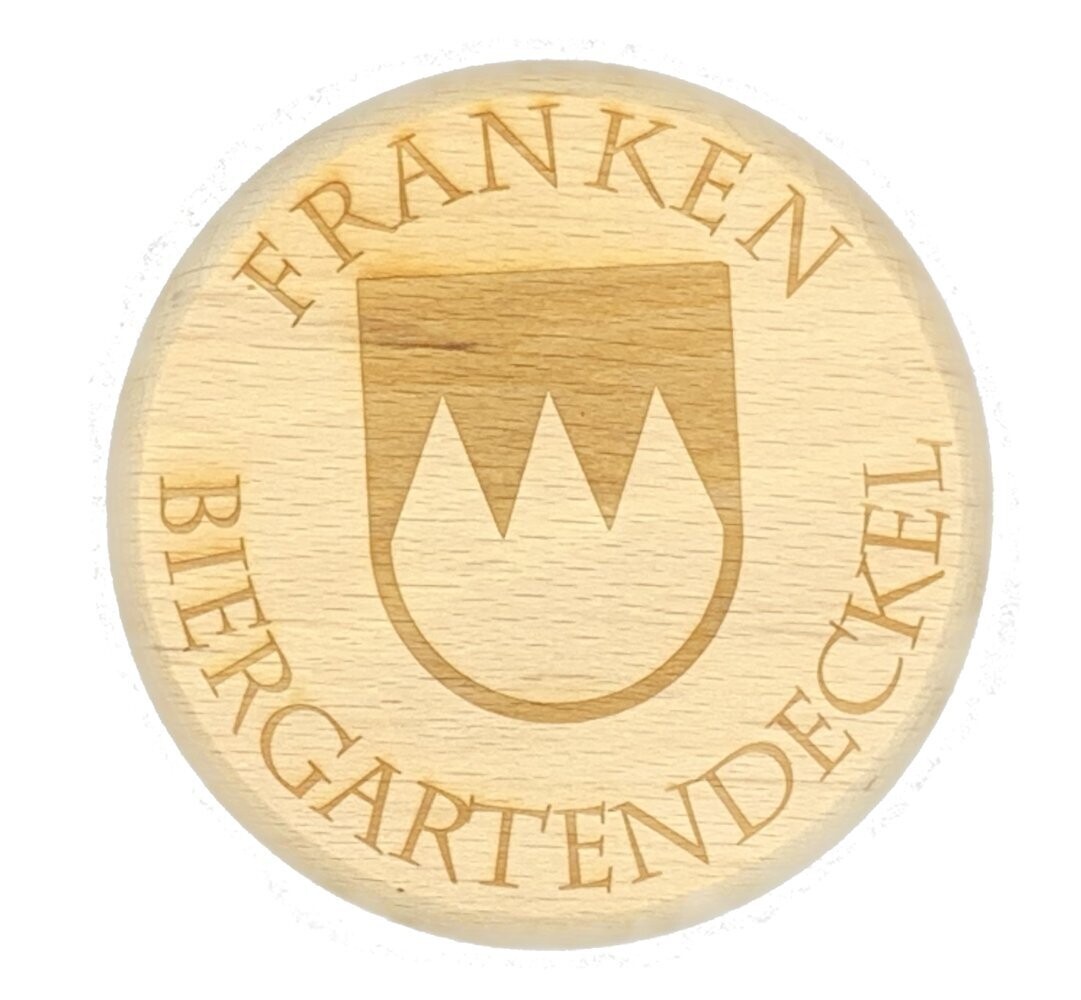 Bierglasdeckel aus Holz - Biergartendeckel aus Holz - Frankenrechen - Frankenwappen