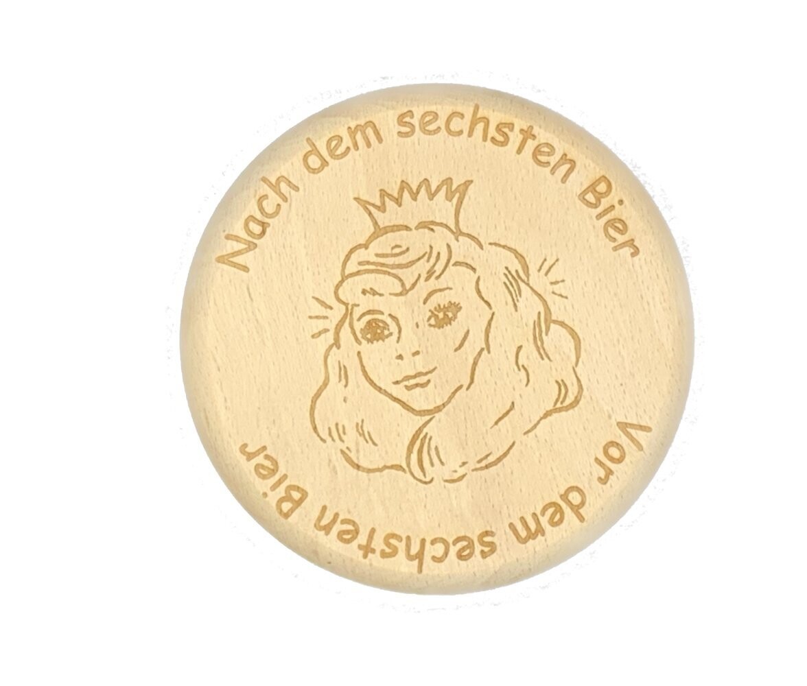 Bierglasdeckel aus Holz -  Biergartendeckel aus Holz - mit schöner Frau und hässlicher Frau - nach dem 6. Bier - vor dem 6. Bier