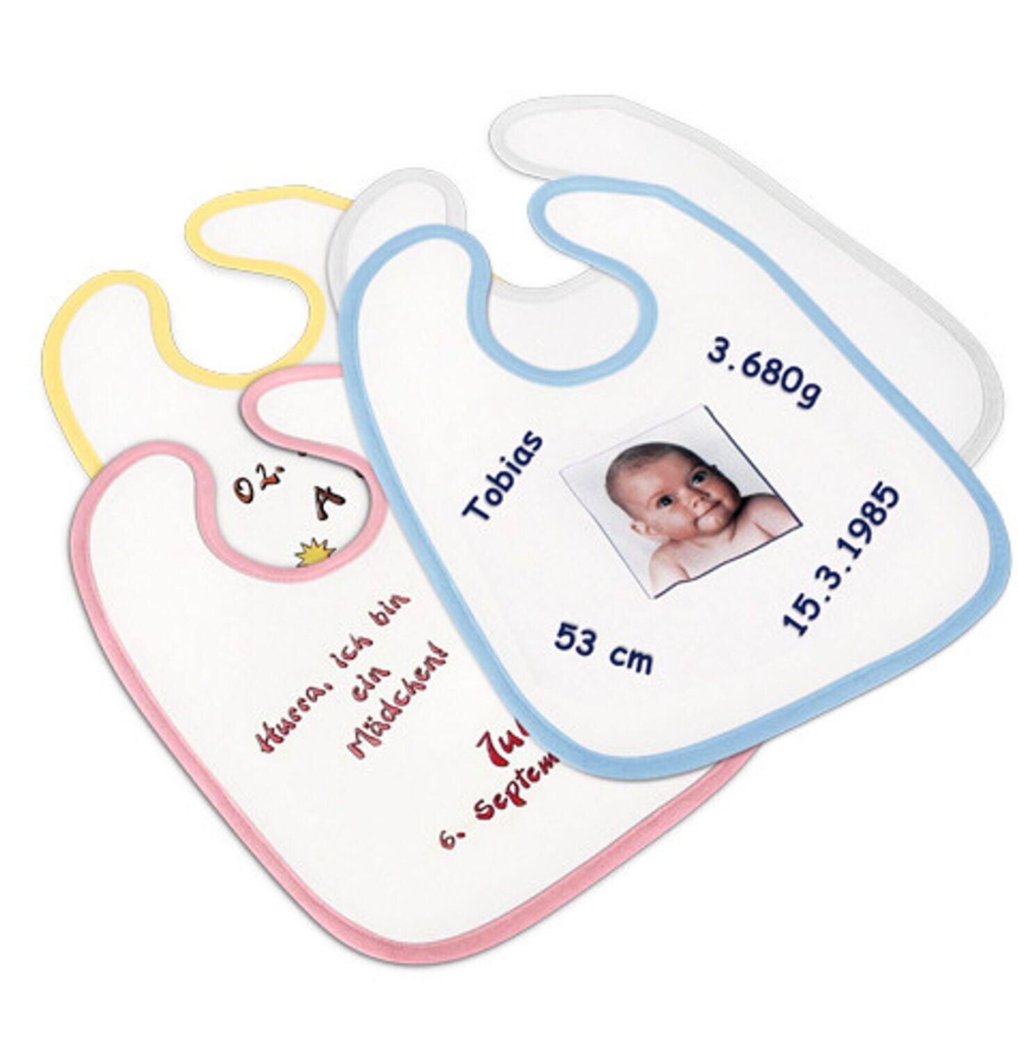 personalisierte Babylätzchen in drei verschiedenen Farben mit ihrem persönlichen Wunschfoto/Text