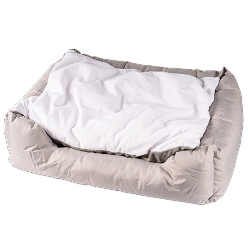 personalisiertes Tierbett grau mit bedruckbarem Kissen weiß mit bedruckbarem Kissen weiß