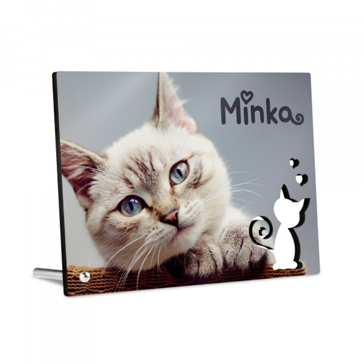 personalisierter Aufsteller im Katzendesign mit ihrem Wunschbild/Text