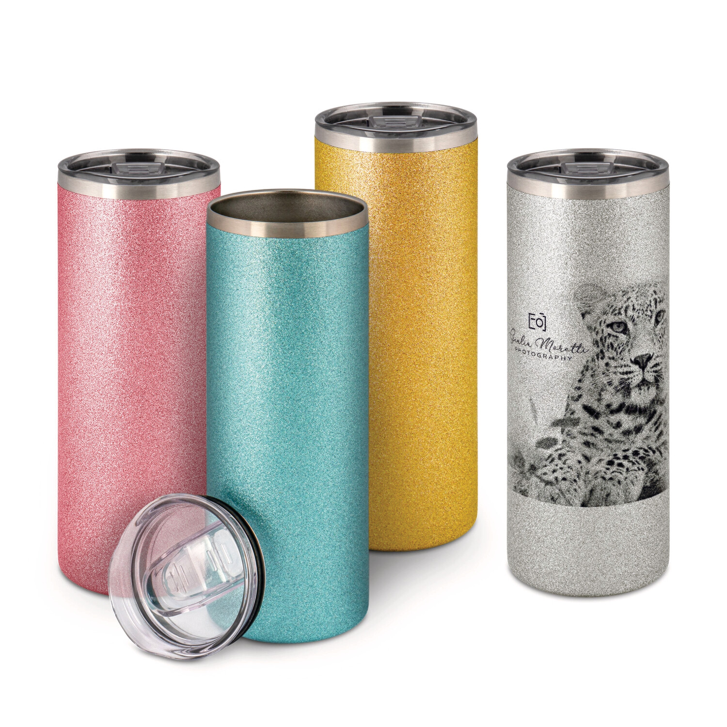 personalisierte Edelstahl-Thermobecher mit Glitzerpartikeln 570 ml mit ihrem Wunschbild bedruckt