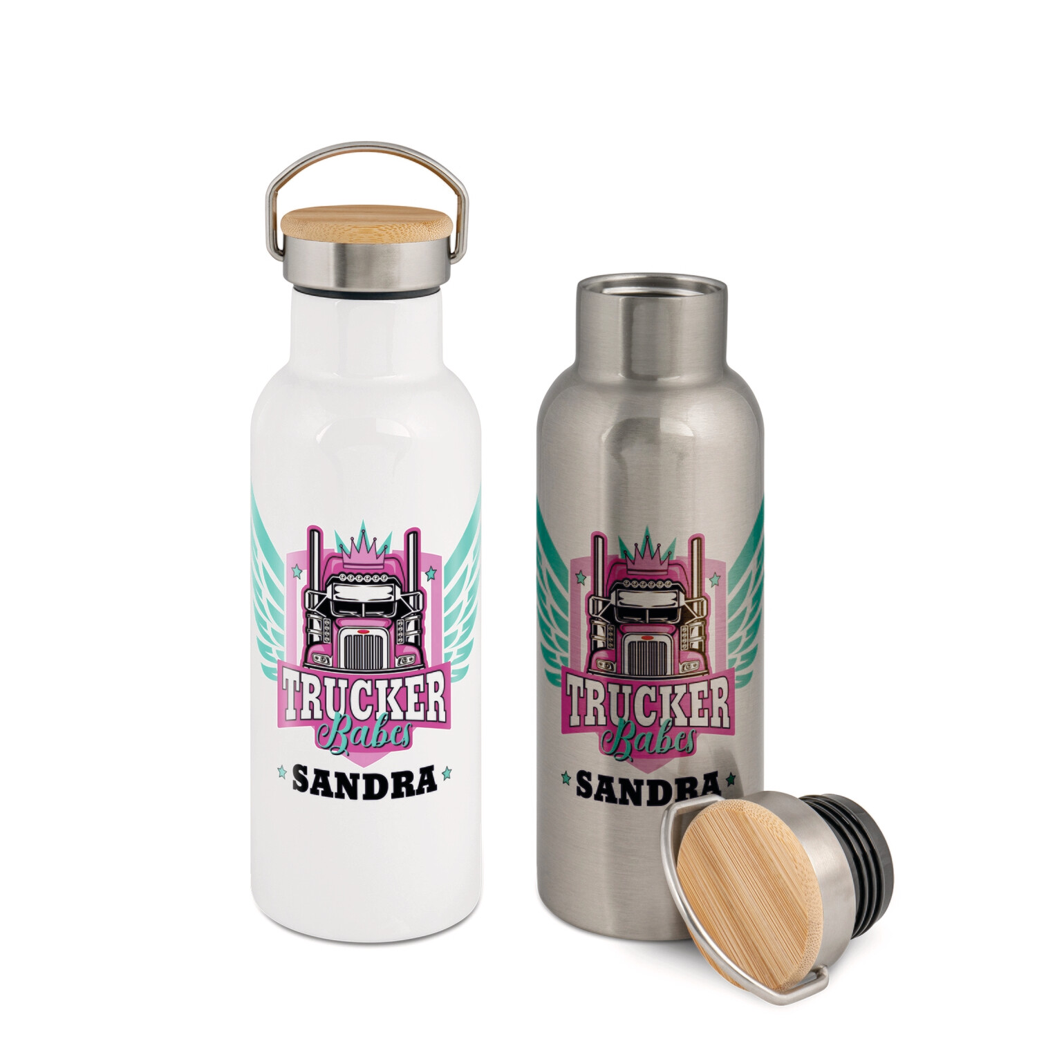 personalisierte Edelstahl-Thermoflasche mit Bambusdeckel mit ihrem Wunschbild bedruckt
