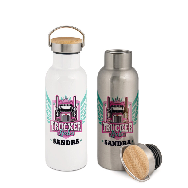 personalisierte Edelstahl-Thermoflasche mit Bambusdeckel mit ihrem Wunschbild bedruckt