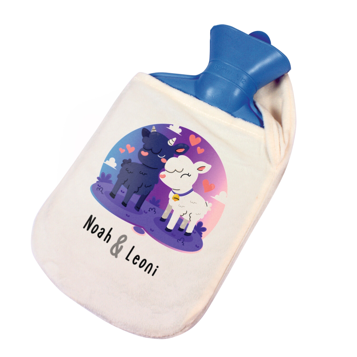 personalisierte Wärmflasche hellblau mit ihrem Wunschbild bedruckt