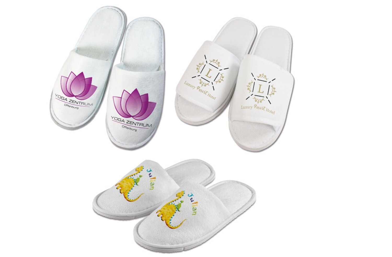 personalisierte Frottee-Slipper weiß mit Kunststoffsohle mit ihrem Wunschmotiv/Text
