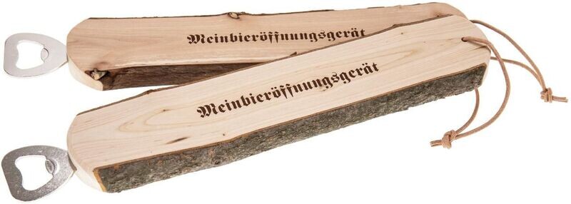 Flaschenöffner flach - Erle mit Rinde und Lederband - L: 30 cm mit Beschriftung