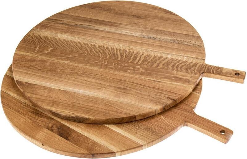 Schneidebrett rund mit Griff - Eiche geölt - XXL Pizzabrett - 65 x 56 x 2 cm mit Kordel