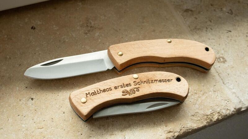 Holz Taschenmesser - Klappmesser für Kinder mit stumpfer Spitze mit persönlicher Beschriftung