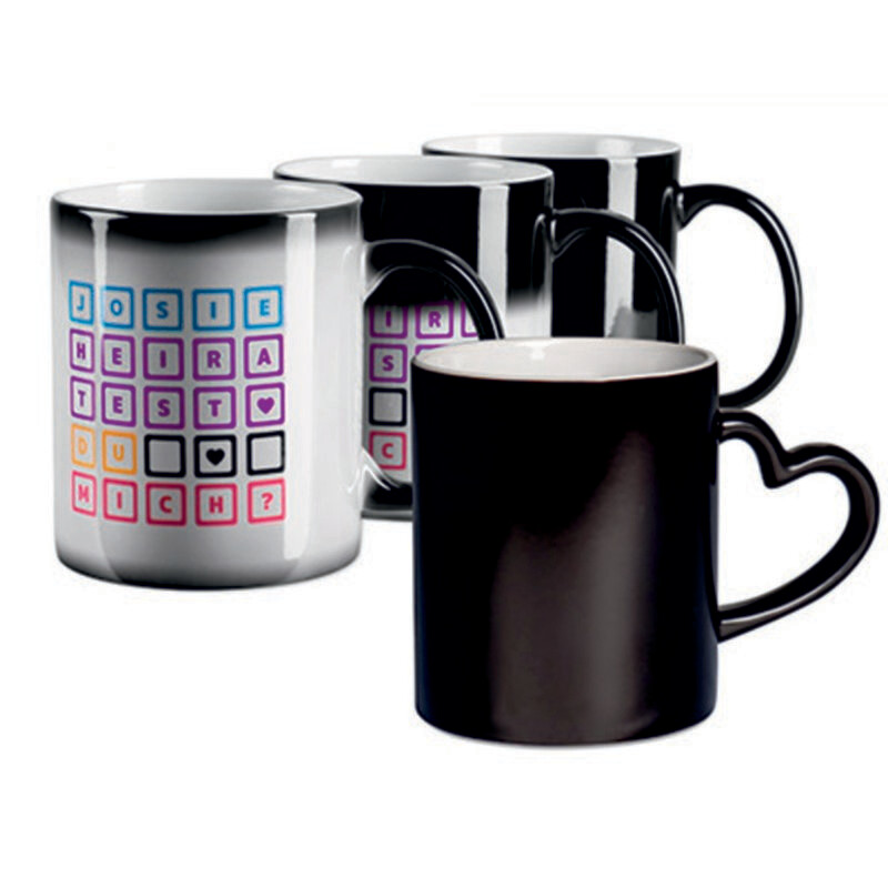 Farbwechseltasse, Zaubertasse, Magische Kaffeetasse mit Herz Henkel personalisiert mit ihrem Wunschbild bedruckt