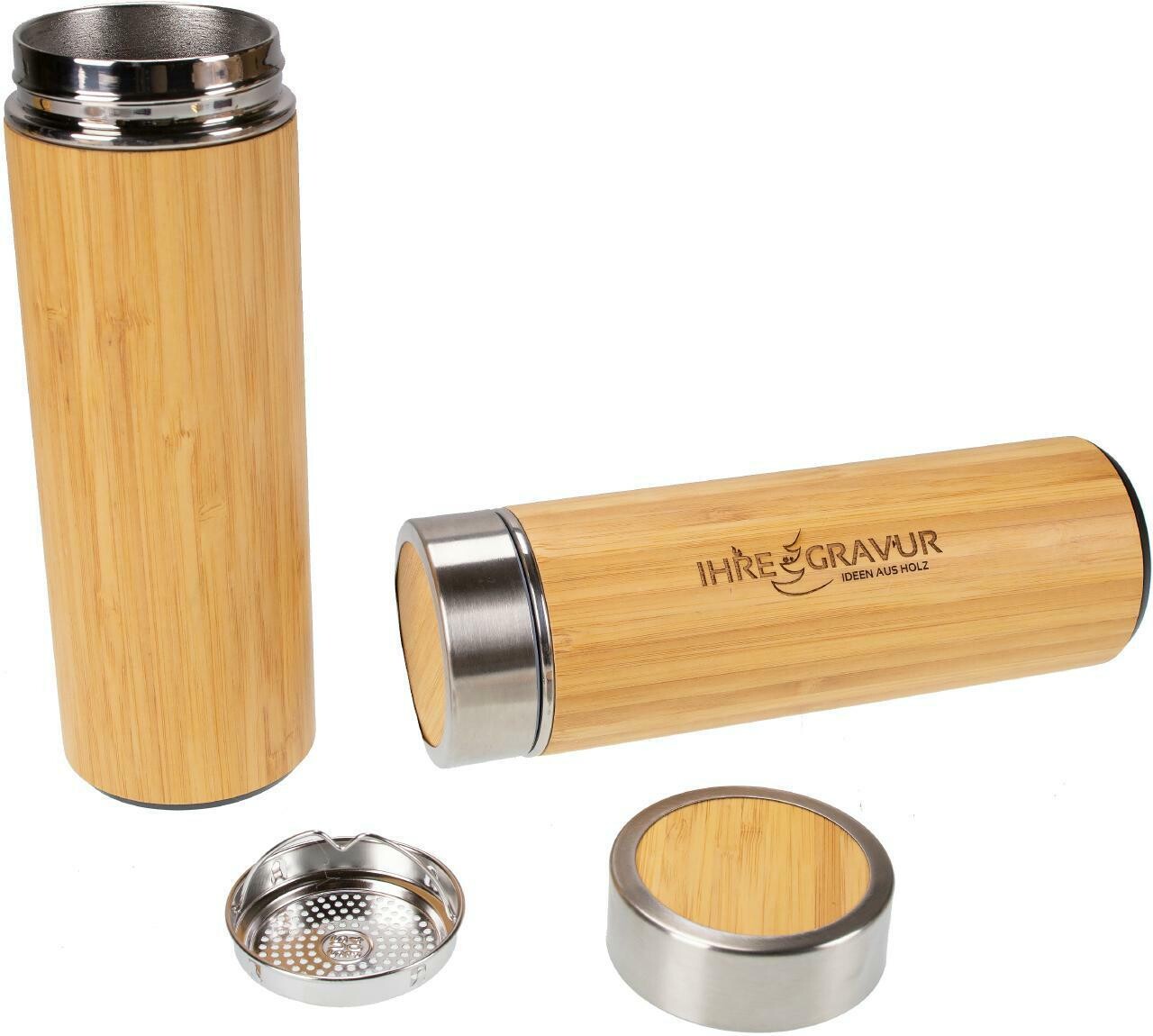 Bambus Thermobecher FSC® mit doppelwandiger Isolation und Teesieb - Fassungsvermögen 450 ml