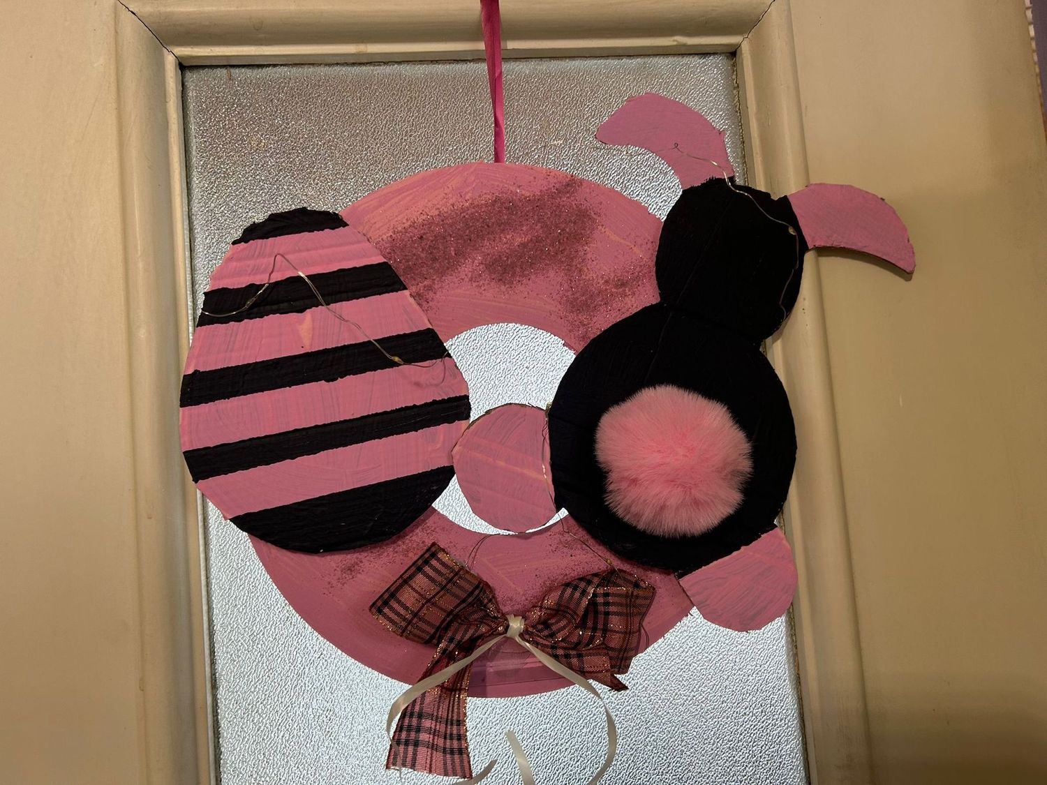 Türkranz Hase rosa schwarz Glitzer, beleuchtet 25cm groß