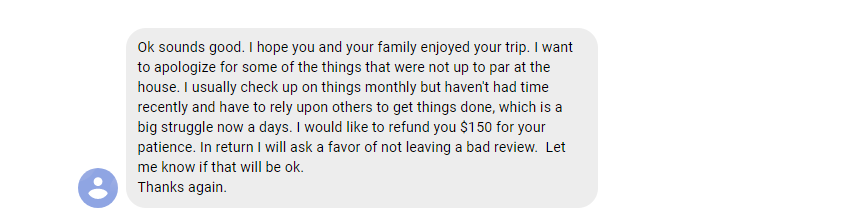 My communication screenshots and review on Airbnb