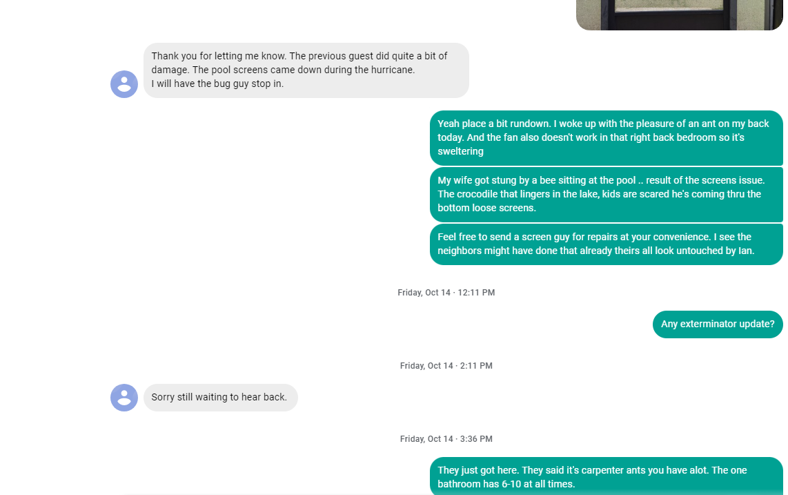 My communication screenshots and review on Airbnb