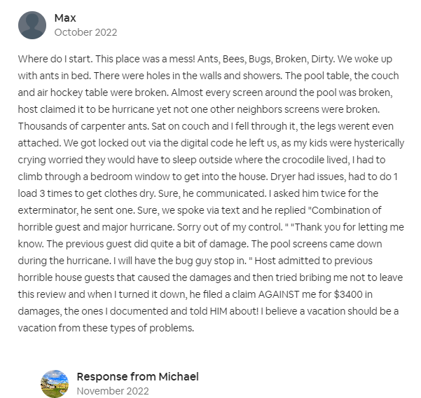 My communication screenshots and review on Airbnb