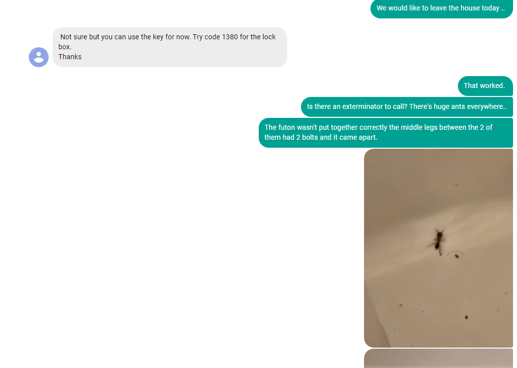 My communication screenshots and review on Airbnb