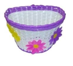 BASKET - Front, Kids, White with Purple Strip &amp; Large Flowers