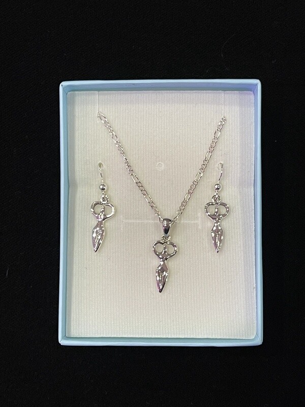Goddess Silver Pendant Earrings with Free Chain Jewelry Gift Box Set