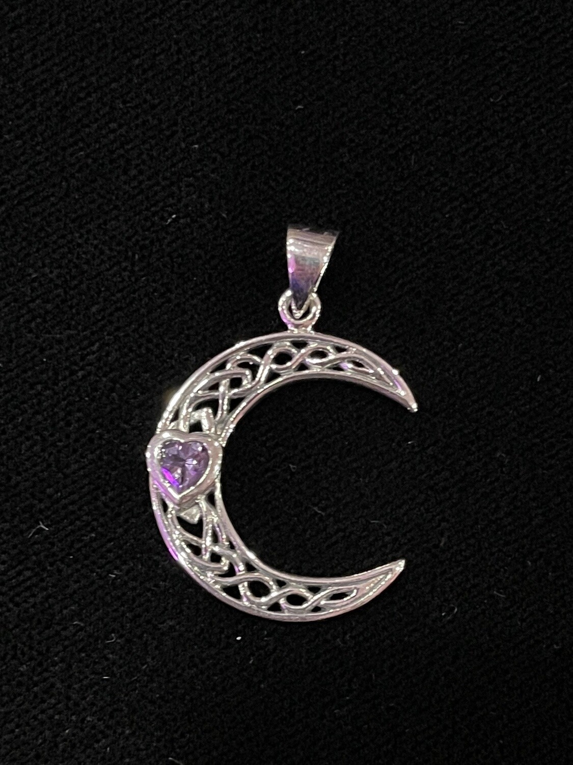 Celtic Crescent Moon with Heart Stone Silver Pendant Genuine Amethyst