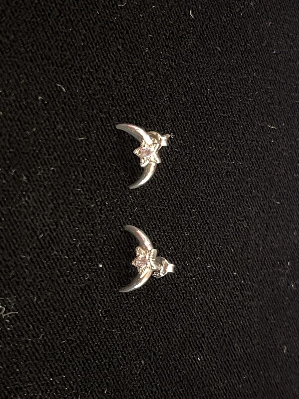 Crescent Moon and Star Gemstone Post Earrings White Cubic Zirconia
