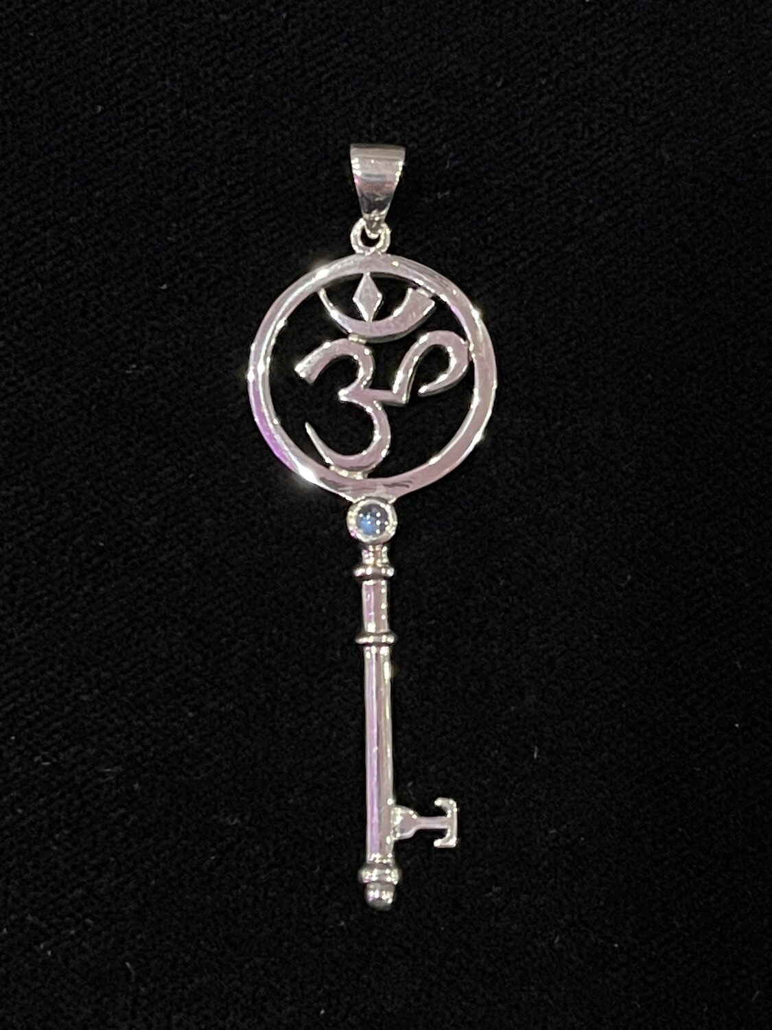 Om Symbol Spiritual Enchantment Key Silver Pendant with Gem White Cubic Zirconia