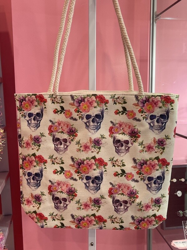 14&quot; x 16&quot; Skull &amp; Roses jute tote bag
