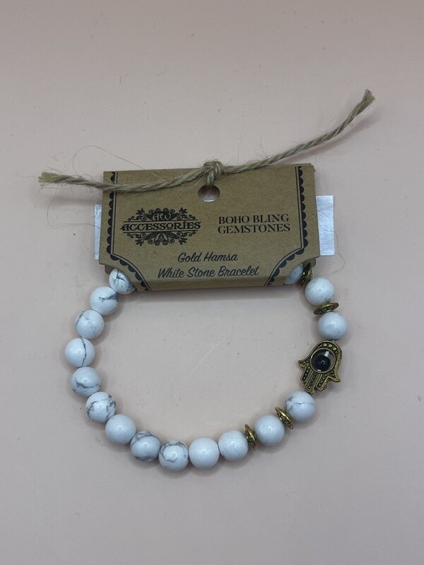 Gold Hamsa White Stone Gemstone Bracelet
