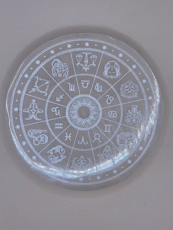 Zodiac Round Selenite Charging Plate Round 4.75&quot;