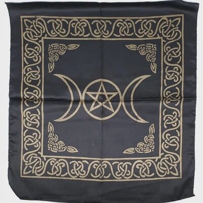 Triple Moon with Pentagram Altar Cloth Golden print on Black