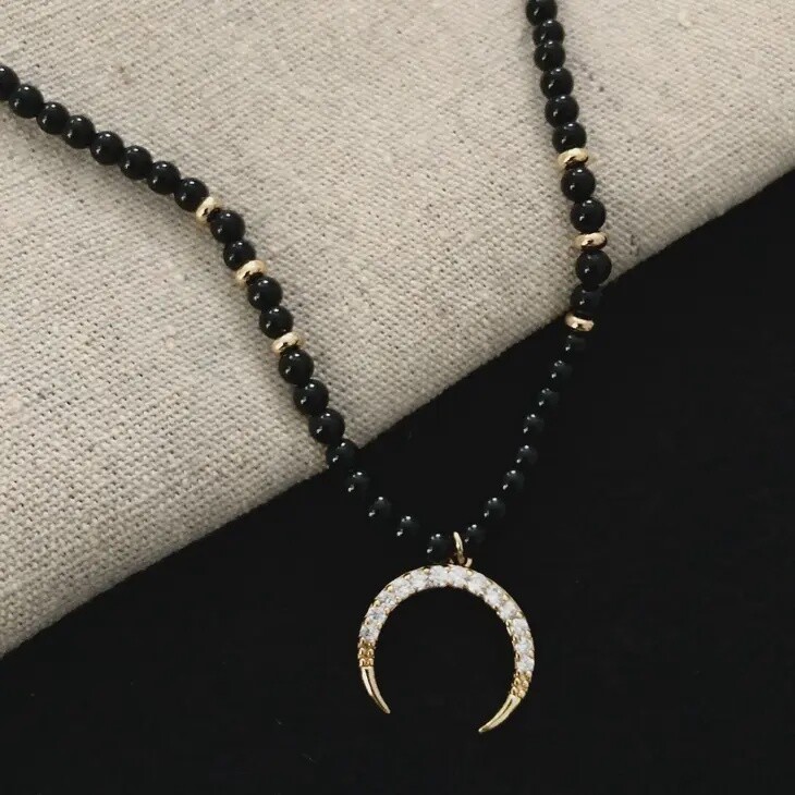 Crescent Moon Obsidian Beaded Necklace