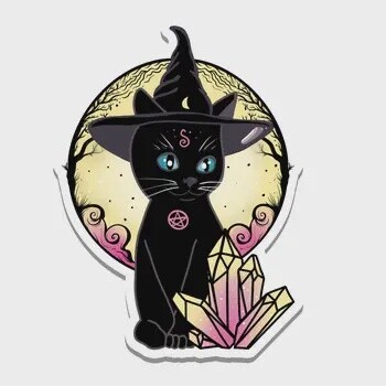 Witchy Black Cat in Witch Hat Vinyl Sticker