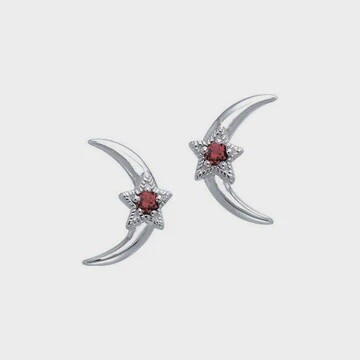 Crescent Moon and Star Gemstone Post Earrings Genuine Garnet