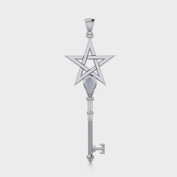 Pentagram Spiritual Enchantment Key Silver Pendant with Gem Genuine Rainbow Moonstone