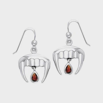 Vampire Teeth with Blood Drops Silver and Gem Earrings Genuine Garnet