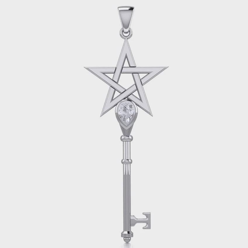 Pentagram Spiritual Enchantment Key Silver Pendant with Gem White Cubic Zirconia
