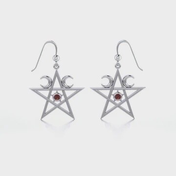 Silver Pentagram Pentacle Earrings Genuine Garnet