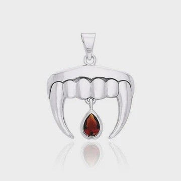 Vampire Teeth with Blood Drops Silver and Gem Pendant