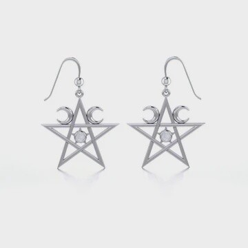 Silver Pentagram Pentacle Earrings Genuine Rainbow Moonstone