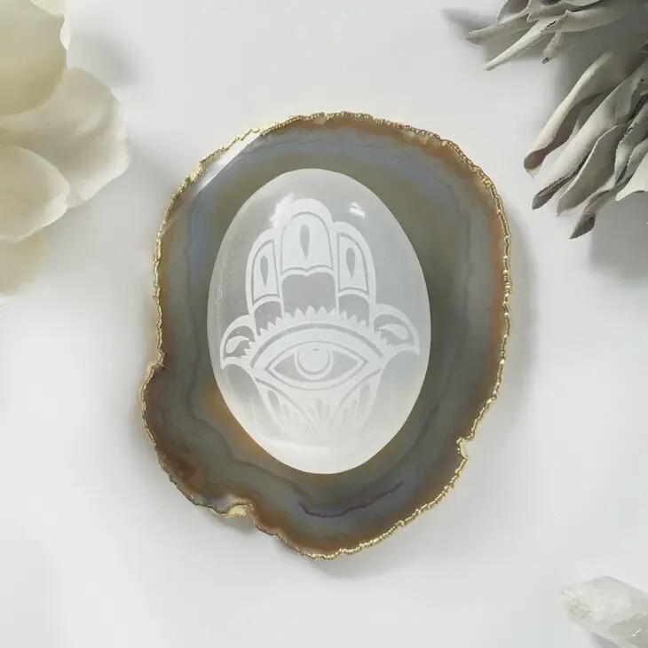 Etched Selenite Palmstone &quot;Evil Eye Hamsa&quot;
