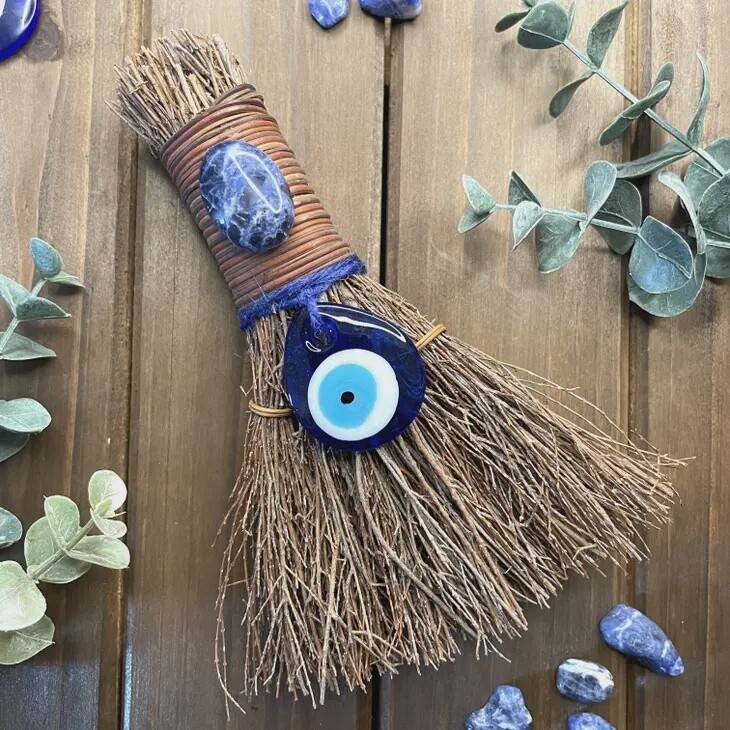Cinnamon Scented Evil Eye Protection Witch&#39;s Besom, Witch Broom w/ Crystals