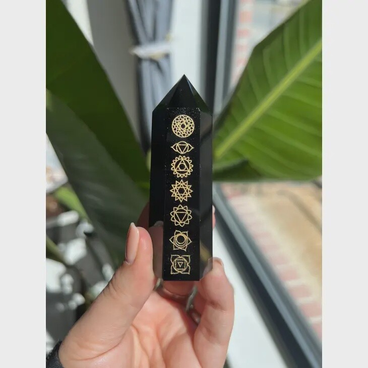 Black Obsidian Etched Chakra Crystal Tower
