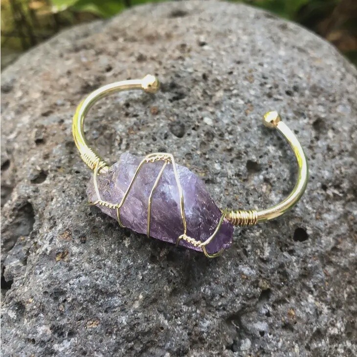 Amethyst Gemstone Gold Bangle Cuff Bracelet