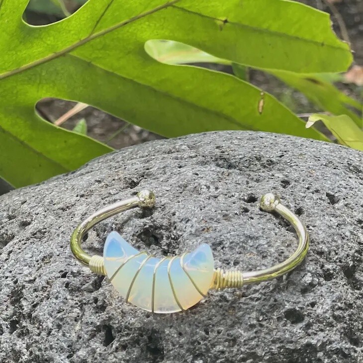 Opalite Moon Gemstone Gold Bangle Cuff Bracelet