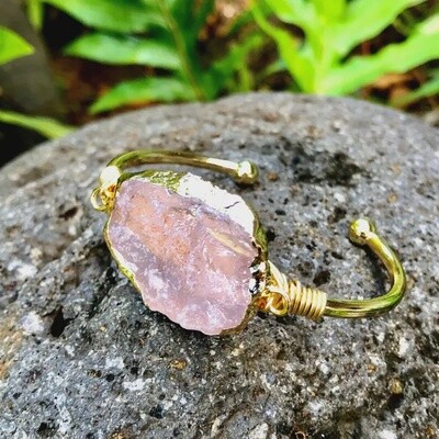 Rose Quartz Flat Gemstone Gold Bangle Cuff Bracelet