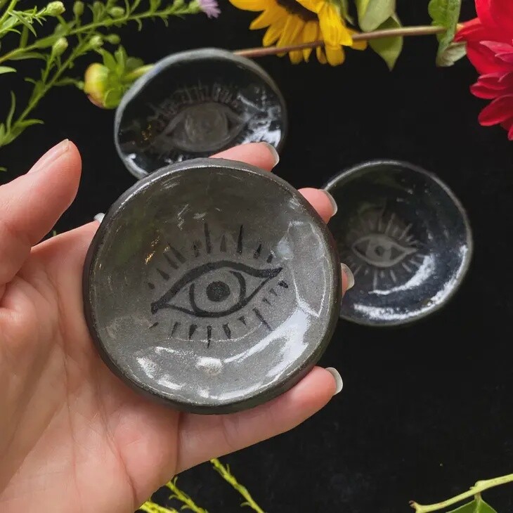 Black Sgraffito Black / Grey Evil Eye Mini Offering Dishes