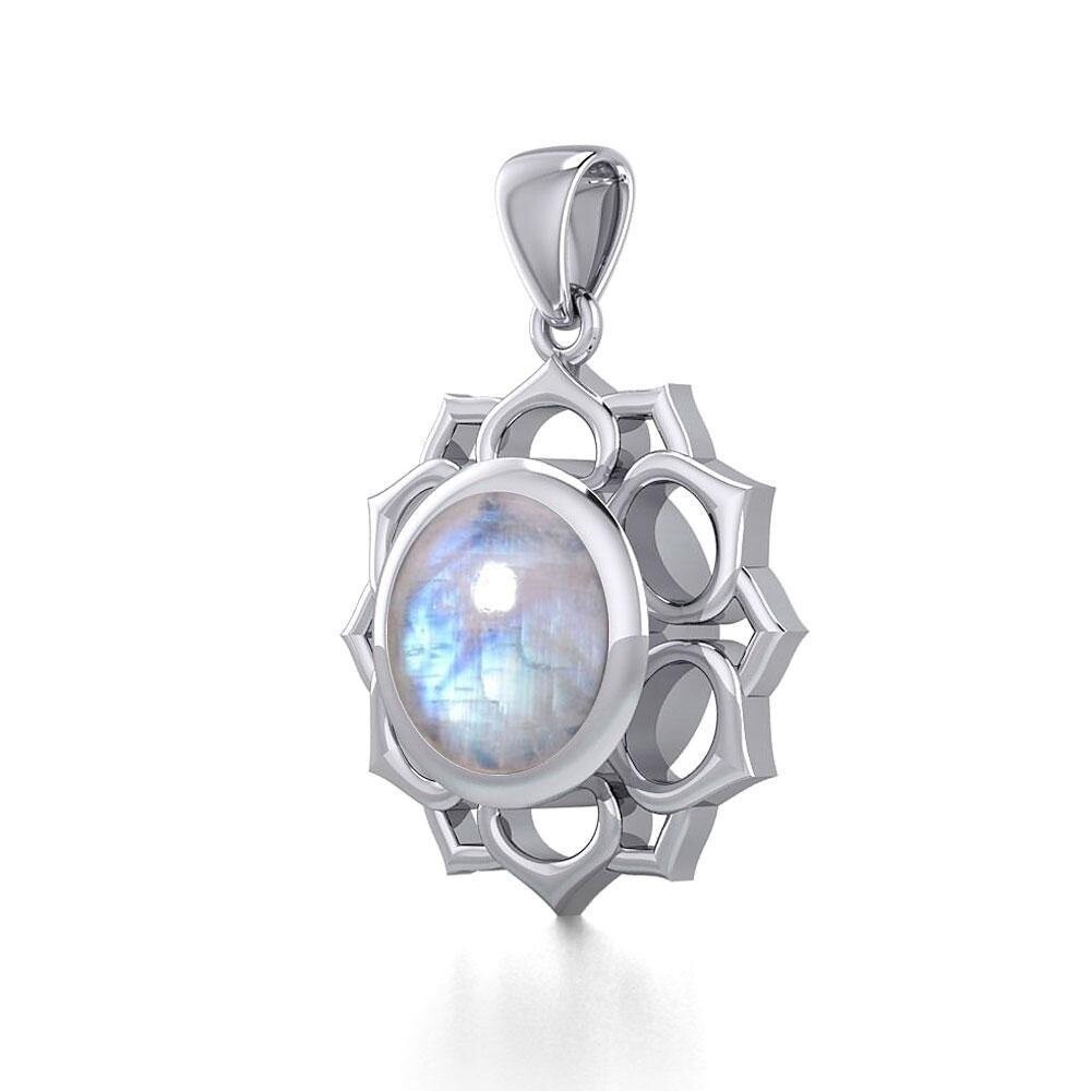 Chakra Silver Pendant with Large Stone Genuine Rainbow Moonstone